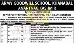 Army Goodwill School Khanbal Jobs Recruitment 2021.