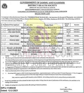 J&K PMBJAK Pharmacist Selection List.