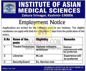 Institute of Asian Medical Sciences Srinagar Jobs Recruitment 2021.