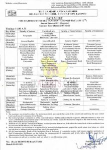 JKBOSE Class 12th Summer Zone Jammu Date sheet.