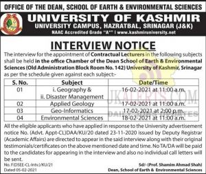 Kashmir University Lecturers interview Schedule.