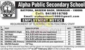 Alpha Public School Srinagar Jobs Recruitment 2021.