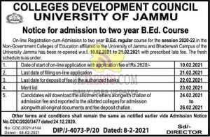 Jammu University B.Ed. Admission 2021.
