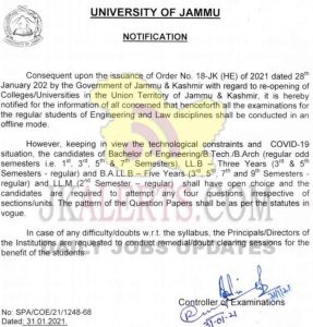 Jammu University BE  and LLB Exam notification.