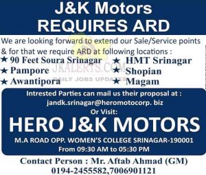 Hero J&K Motors Srinagar Jobs Recruitment 2021.