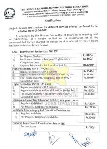 JKBOSE Revised fee structure for different services offered by Board to be effective from 01-04-2021.