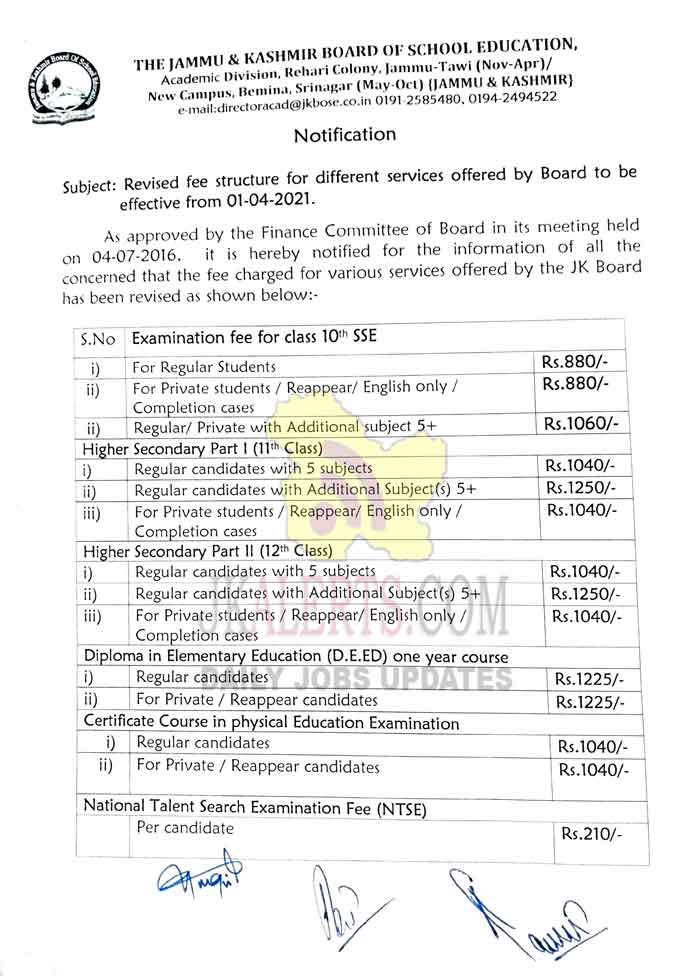 JKBOSE Revised fee structure for different services offered by Board to be effective from 01-04-2021.