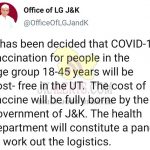 Free Covid19 Vaccination in J&K for 18-45 Age people. It has been been decided that COVID-19 vaccination for people in the age group 18-45 years