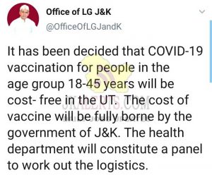 Free Covid19 Vaccination in J&K for 18-45 Age people.