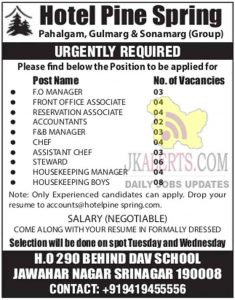 Hotel Pine Spring Jobs Recruitment 2021 | Pahalgam, Gulmarg & Sonamarg (Group). J&K  Hotel Pine Srinagr Jobs. Private jobs in Kashmir Hotel: Interested candidates looking for jobs in private hotels