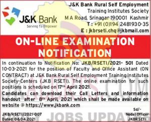 JK Bank Exam notification, Faculty, Office Assistant posts.