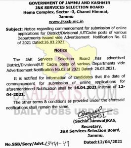 JKSSB Fresh dates for commencement of submission of online applications.