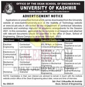 Kashmir University Jobs Recruitment 2021.