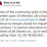 All School will remain closed till 18 April LG Sinha.