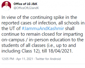 All School will remain closed till 18 April LG Sinha.