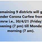 Remaining 09 districts go under corona curfew from tomorrow.