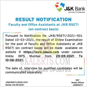 JK Bank Result of Faculty, Office Assistants at JKB RSETI. J&K Bank Announced Result of  Faculty and Office Assistants at JKB RSETI (on contract basis).