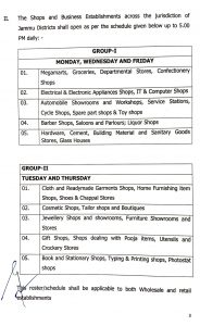 Jammu roaster and timings for the opening of shops