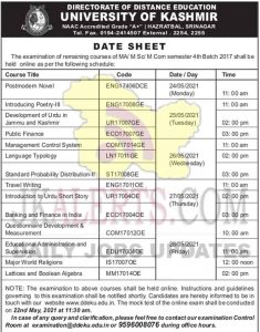 Kashmir University Date sheet MA, M.Sc, M.Com online exam schedule.