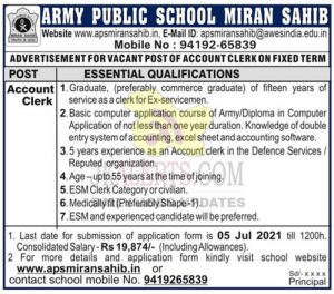APS Miran Sahib Jammu Jobs Recruitment 2021. | Account Clerk Posts | Last date 05 Jul 2021.