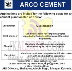 ARCO Cement Srinagar Jobs Recruitment 2021