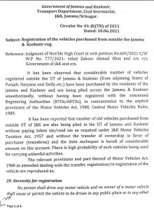 Govt issues circular on registration of Vehicles purchased from outside J&K.
