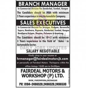 Fairdeal Motors and workshop Srinagar Jobs recruiment 2021.