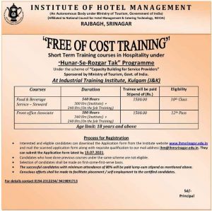 Free of Cost Training Courses in Hospitality.