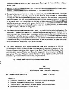 Fresh Govt order regarding COVID 19 restrictions in J&K.