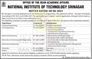 NIT Srinagar PG Admission 2021.