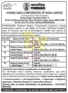 POWERGRID jobs recruitment for various positions in J&K, Ladakh, HP.
