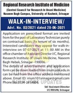 Regional Research Institute of Unani Medicine Srinagar Jobs.