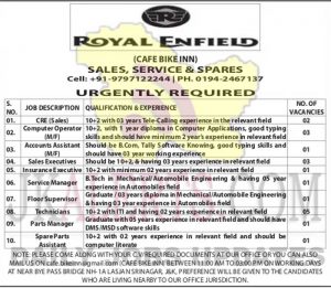 Royal Enfield Srinagar Jobs Recruitment 2021.