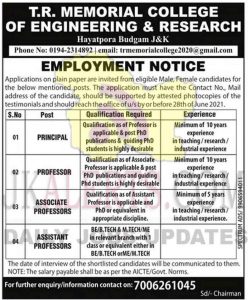 T.R. memorial College Of Engineering and Research Jobs.