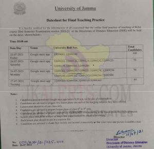 Distance Education, Jammu University B.Ed Datesheet