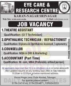 Eye Care & Research Centre Srinagar Jobs.