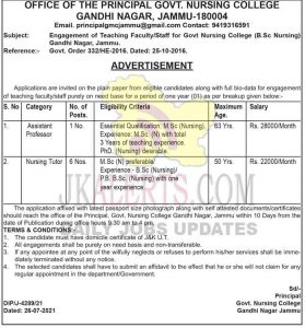 Govt Nursing College Jammu Jobs Recruitment 2021.