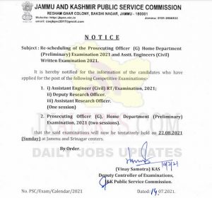 JKPSC Rescheduled of various exams.