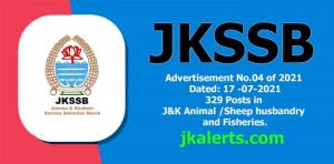 JKSSB Jobs Recruitment 2021 329 posts.