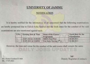 Jammu University Postponed examination due to Eid-ul-Azha.