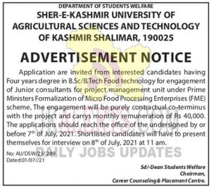 SKUAST Kashmir Recruitment 2021 | Junior consultant posts.