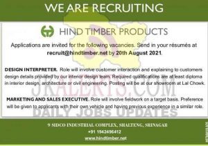 Hind timber products Srinagar Jobs recruitment 2021.