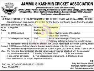 J&K Cricket Association Jobs Recruitment 2021.