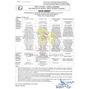 JKBOSE Date Sheet Class 11th Bi-Annual / Private WZ Jammu.