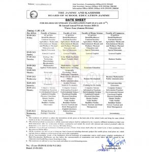 JKBOSE Date Sheet Class 12 Bi-Annual/Annual Private WZ Jammu.