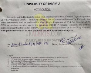 Jammu University DDE Online Exams 2021.