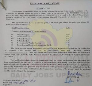 Jammu University invites application for Steno typists posts.