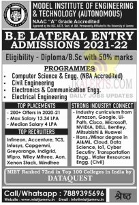 MIET B.E Lateral entry admission 2021.