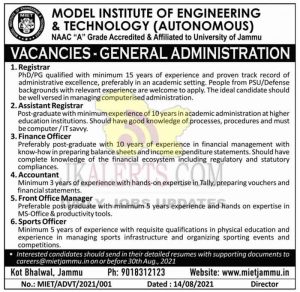 MIET Jammu Jobs Recruitment 2021.