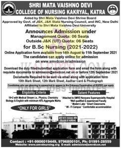 SMVD Nursing College Katra Admission 2021-22.